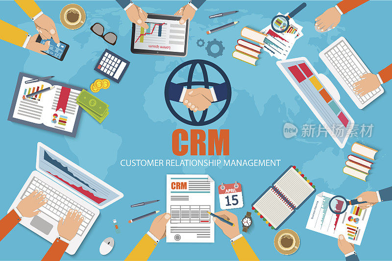 CRM:客户关系管理。会计系统、客户、支持、交易的平面图标。与客户一起工作的数据组织，CRM概念。