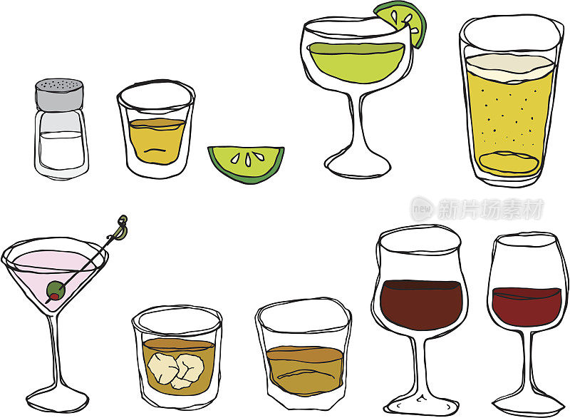 在各种各样的玻璃杯中手工绘制的饮料