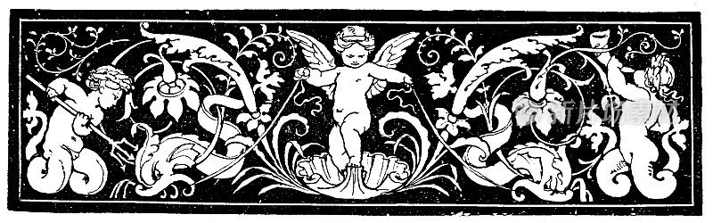 维多利亚时代的雕刻页眉与三个小天使和神话中的怪物;19世纪书籍插图1890。