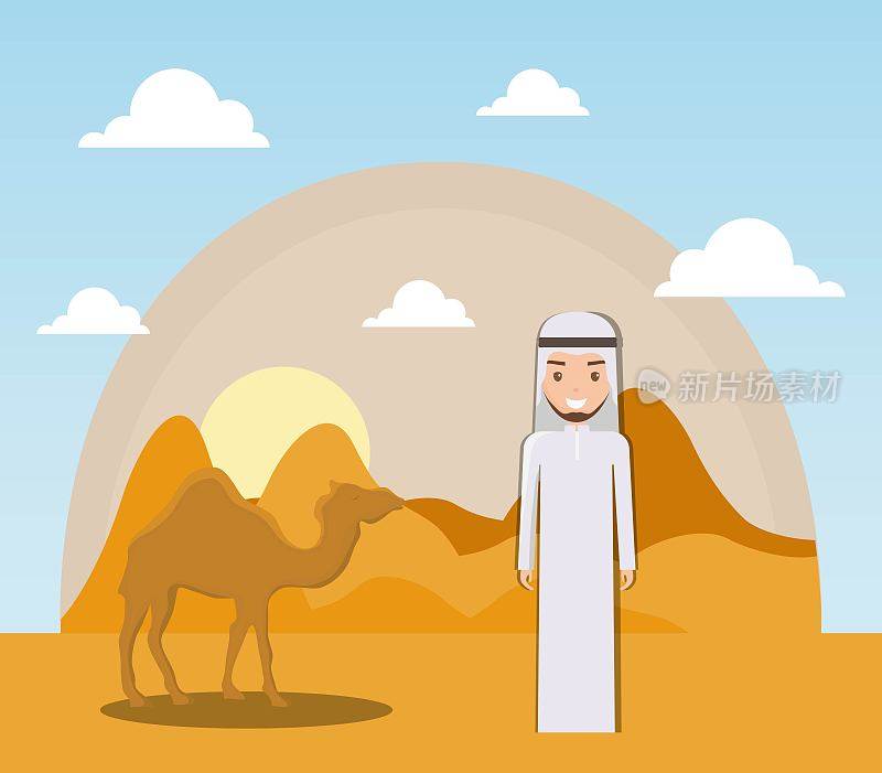 有骆驼的干燥沙漠景观
