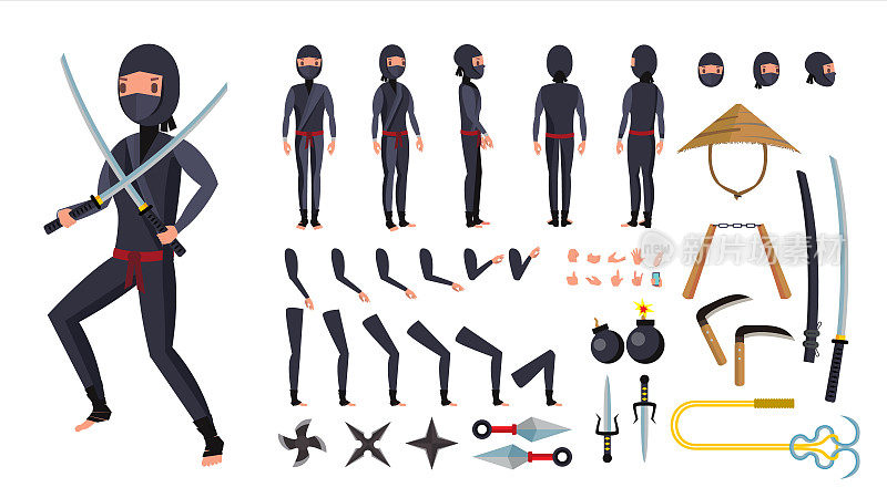 忍者向量。动画角色创建集。忍者的工具集。采购产品全长，前，侧，后视图，配件，姿势，面部情绪，手势。独立平面卡通插图