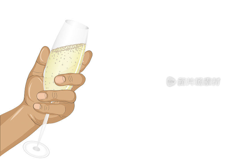 一只手握着一杯香槟。圣诞快乐，新年快乐。海报，聚会或度假的邀请