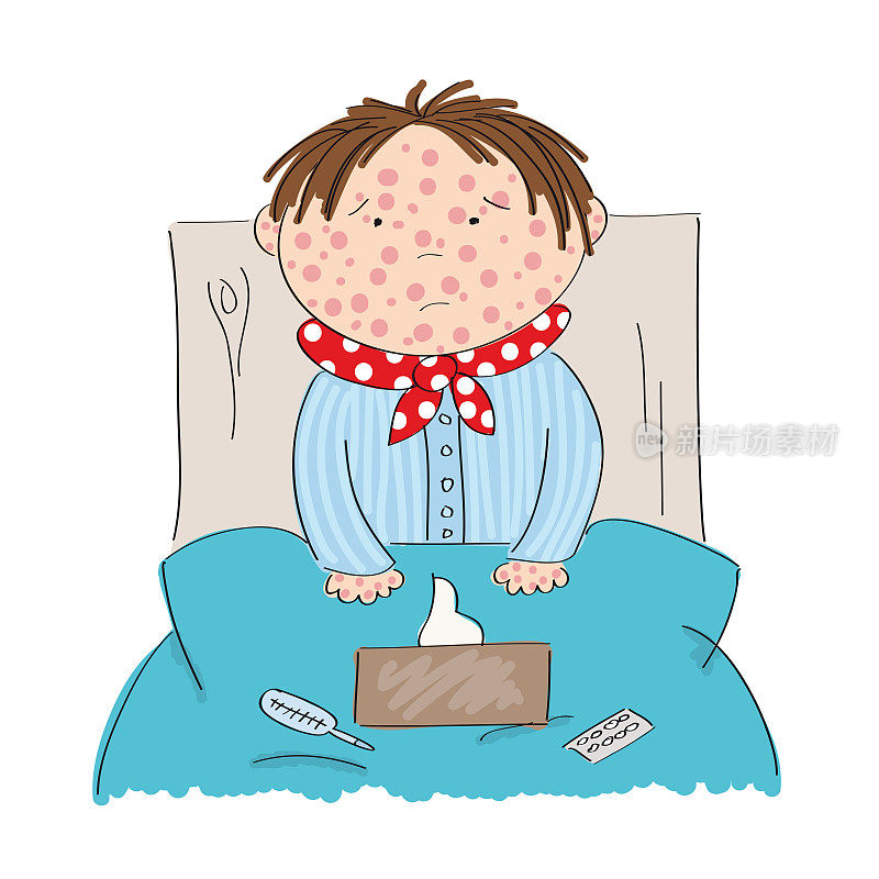 患水痘、麻疹、风疹或皮疹的病童坐在床上，用药、体温计和手绢盖在毯子上——原画手绘插图