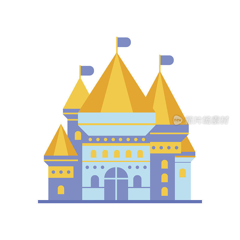 浅蓝色童话般的皇家城堡或宫殿建筑与金色屋顶矢量插图