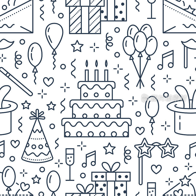 生日派对无缝图案，平线插图。矢量图标的事件代理，婚礼组织-蛋糕，气球，礼物，邀请，儿童娱乐。可爱的重复背景