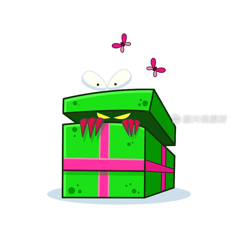 卡通怪物，谁看里面的礼物盒与脸在白色的背景。矢量图像原创网页游戏制作，平面设计