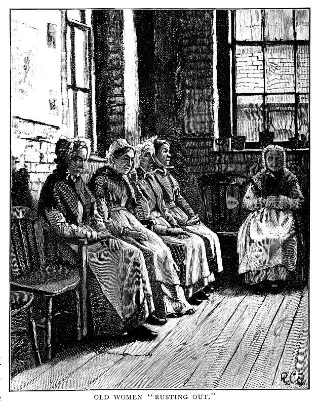维多利亚时代黑白雕刻的一位老妇人的肖像坐在一个名为“生锈的老妇人”的房间里。摘自一篇关于“贫民的分类”的文章;19世纪的贫困和妇女;1892年英语了