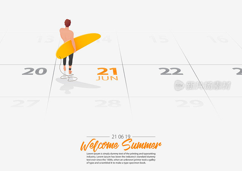 夏天的假期。冲浪者拿着冲浪板站在海滩上，望着海岸。手持冲浪板的男子标记着日期夏季季节开始于2019年6月21日。夏季体育活动概念。向量。