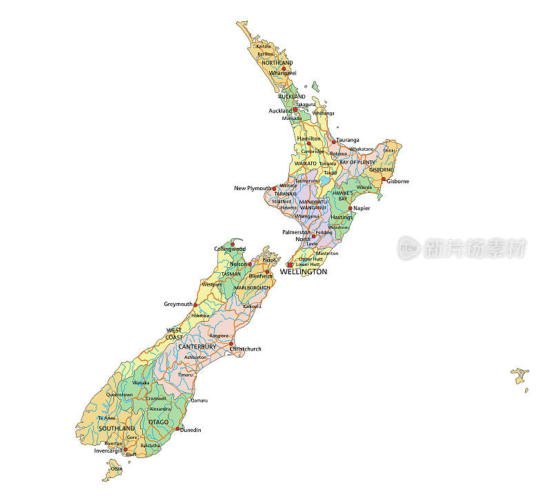 新西兰-高度详细的可编辑的政治地图与标签。