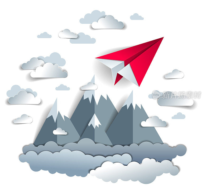 折纸飞机玩具在天空中飞过山峰，完美的矢量插画风景自然景观与玩具飞机起飞的山脉，航空公司的航空旅行主题。