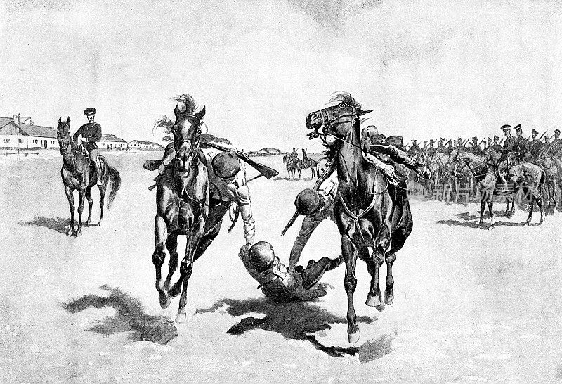 哥萨克骑兵训练，以拯救马背上受伤的士兵-俄国帝国19世纪