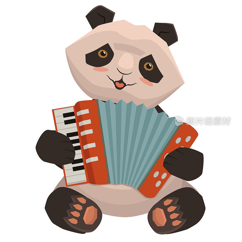 熊猫拉手风琴。卡通图像孤立的白色背景。矢量图形。