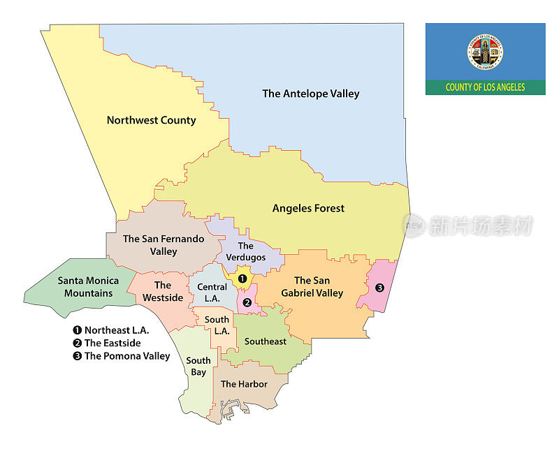 洛杉矶县区域地图与旗帜