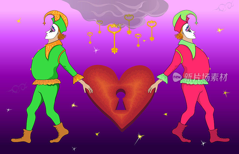 时尚的水平矢量插图寓言现代艺术作品情人节肖像人物的两个马戏团小丑在戏剧服装和面具拿着一个象征性的心在他们的手在一个彩色的粉红色阴影的背景