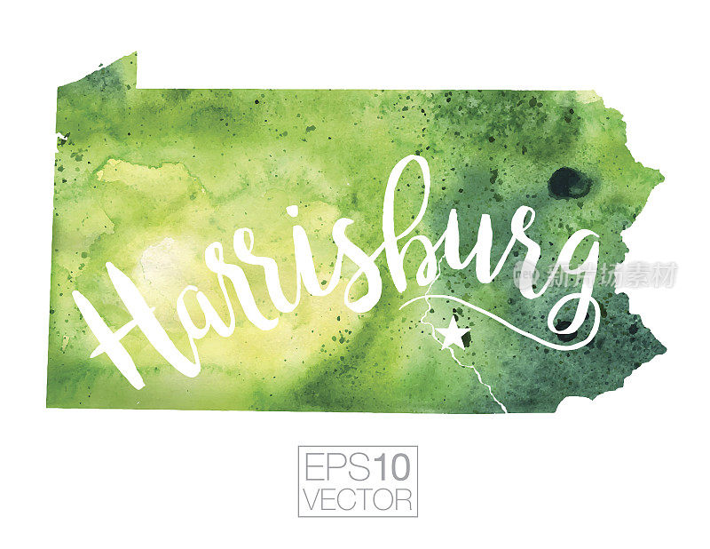 哈里斯堡，宾夕法尼亚州，美国矢量水彩地图