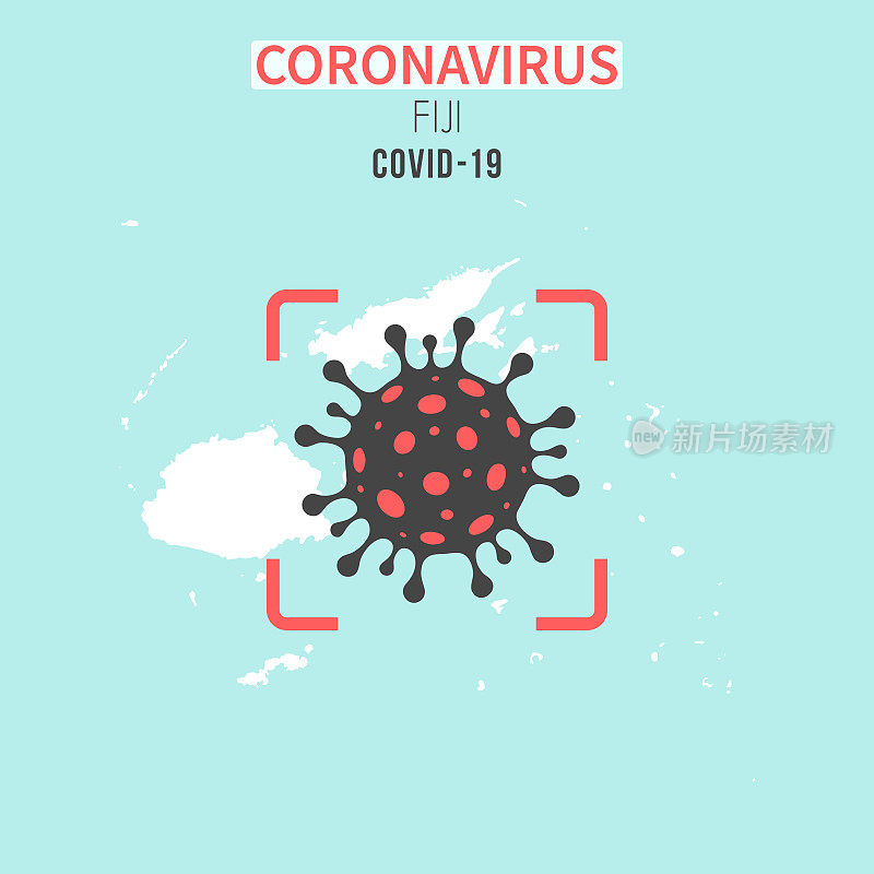 斐济地图，红色取景器中有冠状病毒细胞(COVID-19)