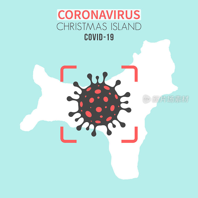 红色取景器上有冠状病毒(COVID-19)细胞的圣诞岛地图