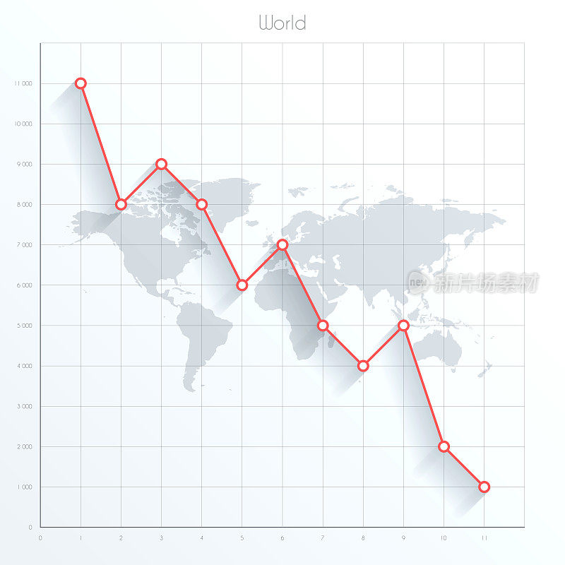 世界地图上的金融图与红色下降趋势线