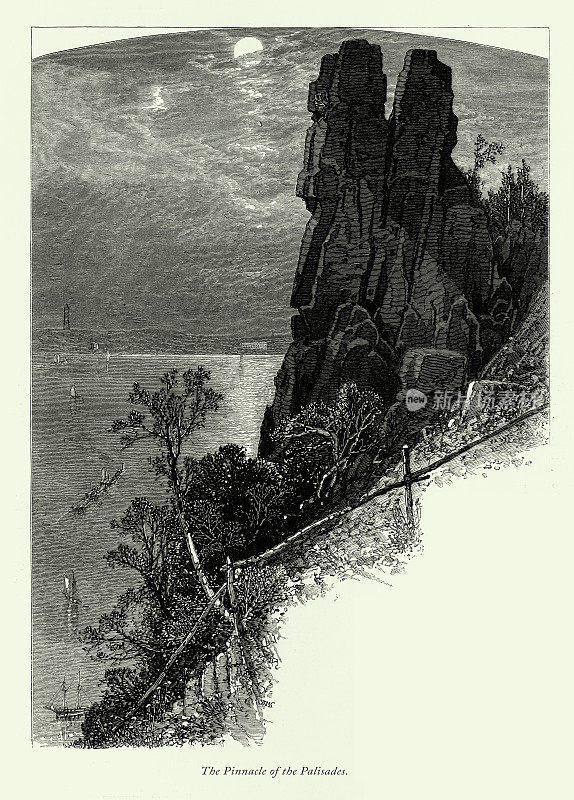 Palisades的Vintage顶峰，哈德逊河，纽约，维多利亚版画，1875年