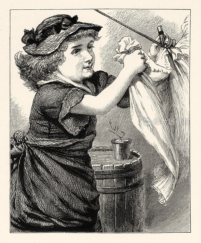 Vintage，年轻女孩在晾衣绳上晾衣服，美国维多利亚时代版画，1882年