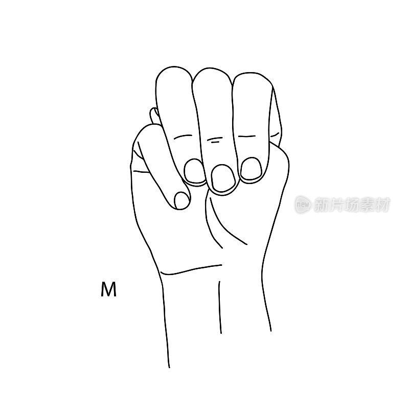 M是手语字母表中的第十三个字母。拳头形的手势拇指尖端突出的拳头形的手势一只手的黑白画。聋哑语言