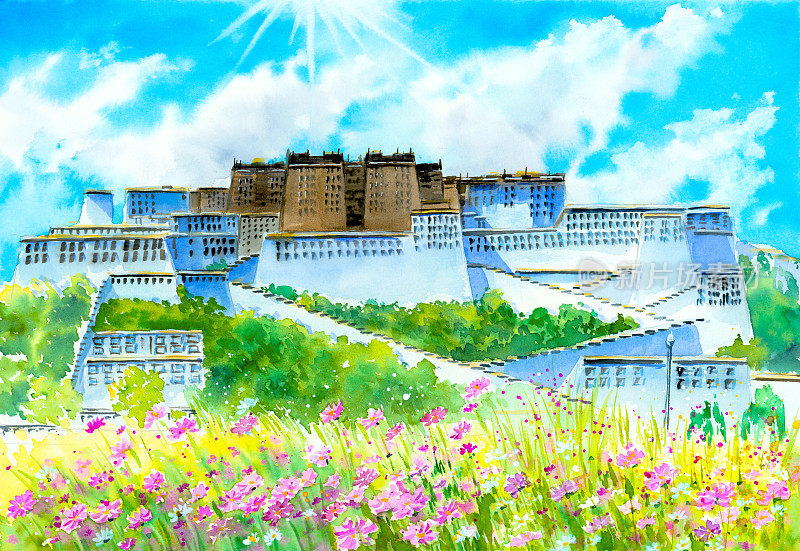 水彩画-布达拉宫，中国
