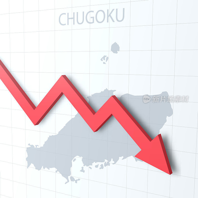 下落的红色箭头与Chugoku地图的背景