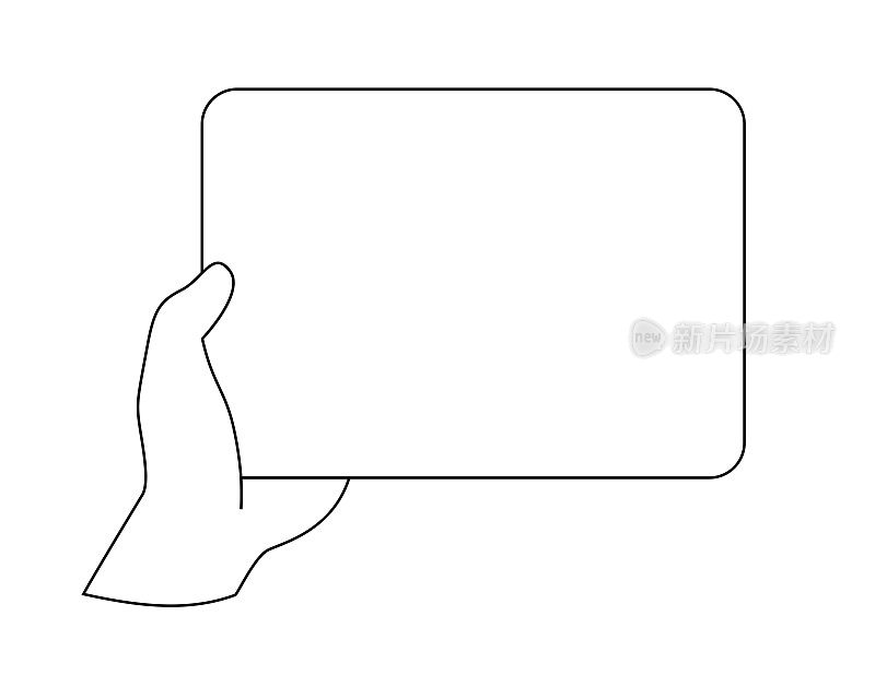 手拿着平板电脑。轮廓线。白空屏幕。矢量插图标签在手。模板