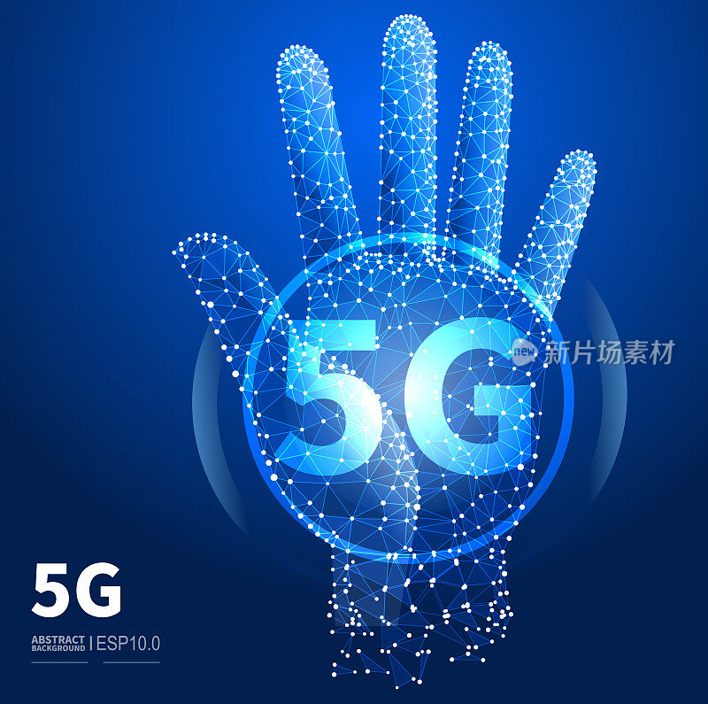 开启5G现代智能网络技术新生活，5G无线网络技术概念插图，用手掌触摸5G网络