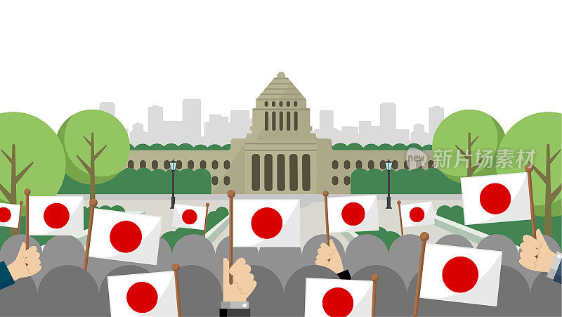 日本国会大厦和国旗矢量横幅插图