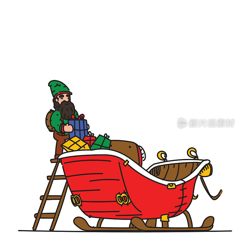 圣诞精灵帮助把礼物装进圣诞老人的雪橇。