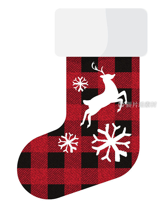 红色和黑色格子纹理圣诞圣诞袜设计与驯鹿和雪花