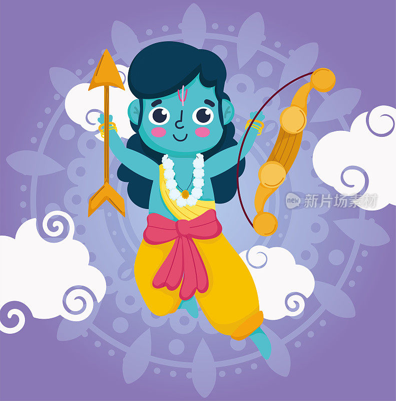 印度的杜塞赫拉节快乐，武士主罗摩带着弓箭，传统宗教