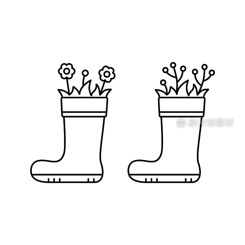 橡胶靴子里的花。线性图标的园林装饰