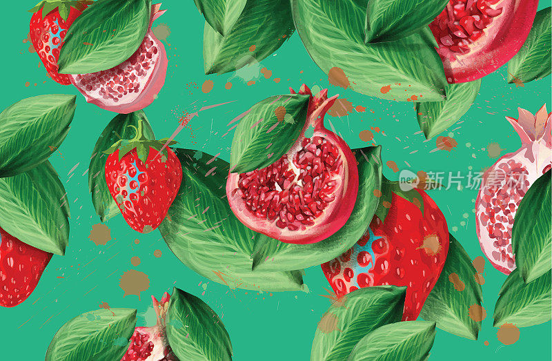丰富多彩的石榴和草莓水果背景