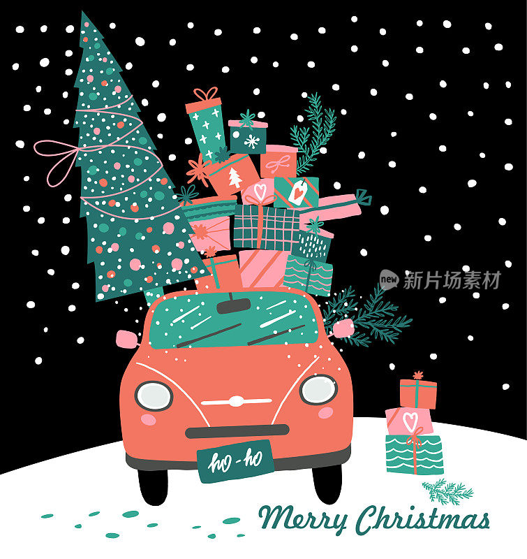 矢量图片与粉红色的汽车和圣诞礼物在晚上。圣诞节的照片。红色的皮卡。年画派送服务。