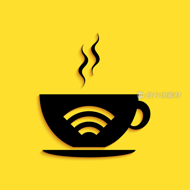 黑色杯咖啡店与免费wifi区图标隔离在黄色背景。网络连接招牌。长长的阴影风格。向量