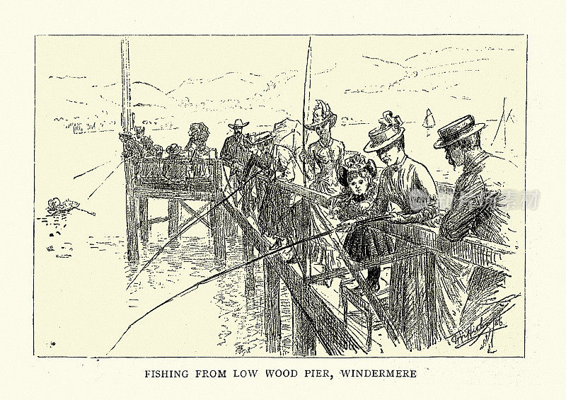 从低木码头钓鱼，温德米尔，维多利亚19世纪