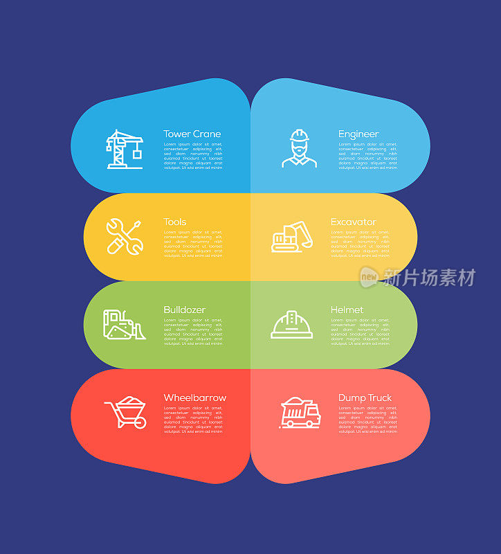 信息图设计模板。塔吊，工程师，工具，挖掘机，推土机，头盔，独轮车，自卸卡车图标与8个选项或步骤。