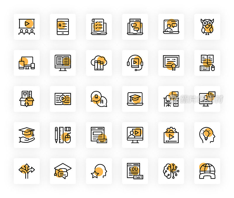 电子学习，在线教育和远程教育相关的线图标。向量符号说明。