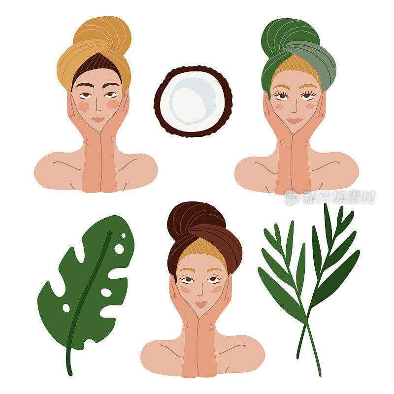 一套美丽女性面部护肤，美容，化妆样品。女性肖像孤立在白色。女性头部裹在带有热带绿叶的毛巾里。