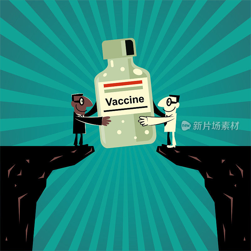 两名男子站在悬崖边上，一起拿着大疫苗对抗冠状病毒病(COVID-19，流感病毒)