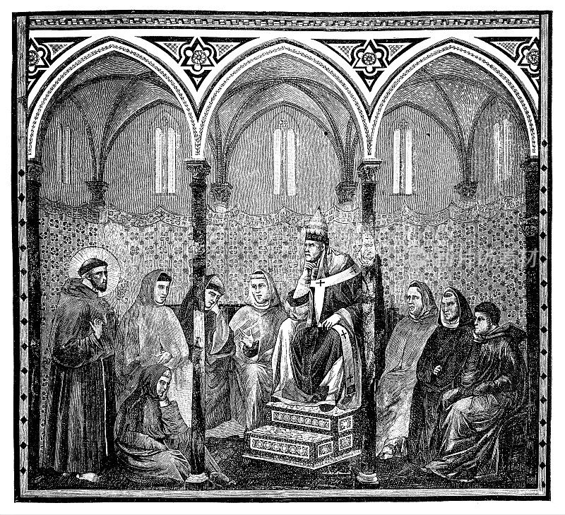 圣方济各(1181-1226)，方济各会的创始人，向教皇霍诺里乌斯四世(1285-87)讲道。