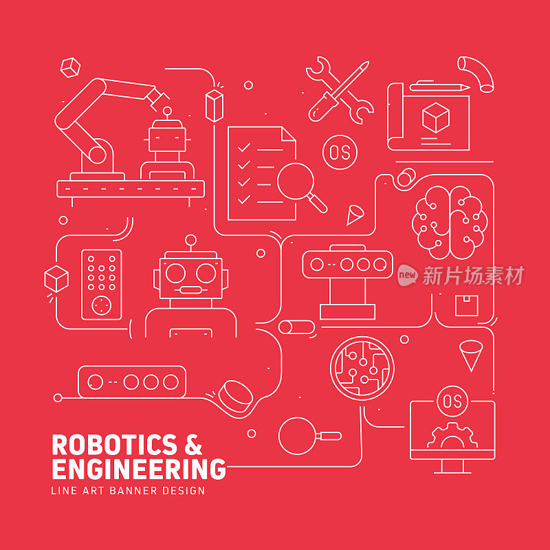机器人工程相关的现代线条风格矢量插图