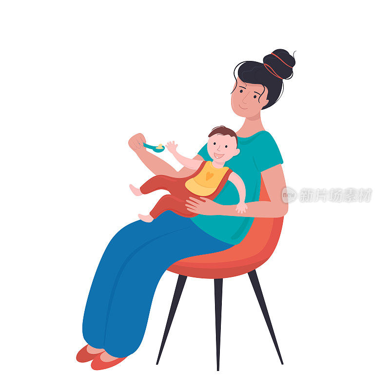 矢量平面插图母亲抱着婴儿在她的膝盖和勺子喂粥在白色孤立的背景。卡通情感插图。