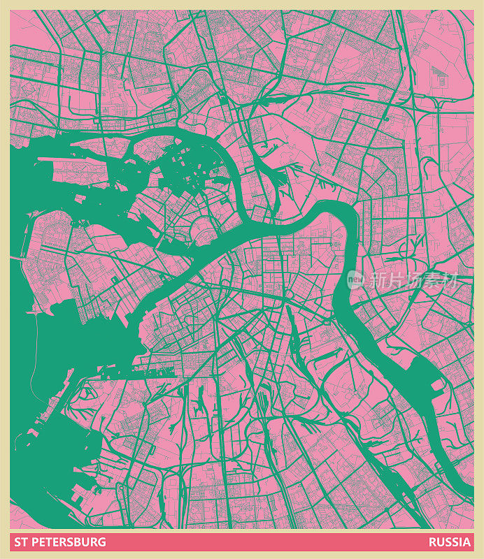 艺术插画风格地图，圣彼得堡城市，俄罗斯