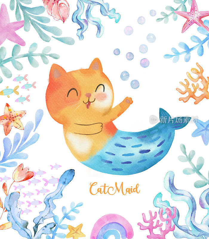 可爱的水彩画喵-喵-猫美人鱼。小猫咪美人鱼在一个儿童风格