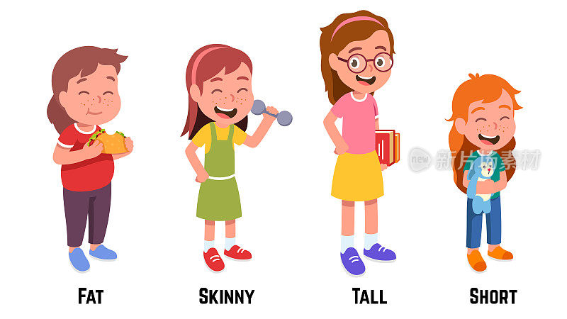 胖的，瘦的，高的，矮的女孩站着吃玉米卷，拿着哑铃，书，玩具兔子。不同身高，体重，体型的孩子。儿童卡通人物设定。平面向量插图