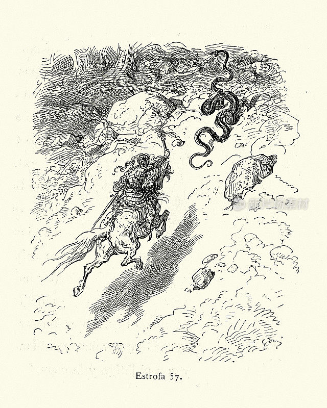 英雄骑士攻击毒蛇，邪恶的象征，中世纪骑士传奇