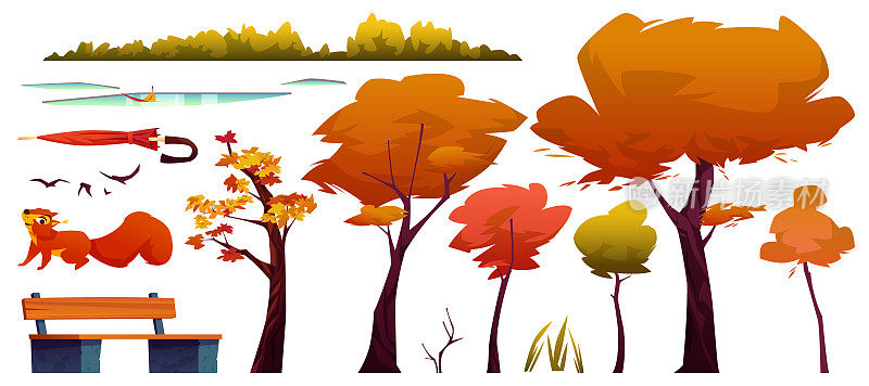 秋季景观元素设置了孤立的树木和灌木、路上的水坑、木凳和伞、橙色的松鼠和飞鸟、树叶和草、枫树和桦树、秋季公园森林对象